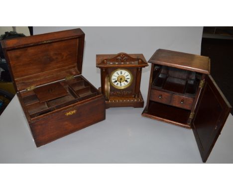 A mahogany writing box together with an oak humidor and a German mantle clock with pendulum and key (3)