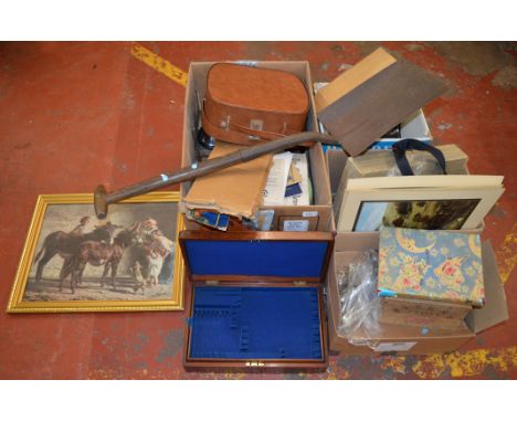 A large mixed lot of collectables including railwayana, tins, cutlery, prints etc.