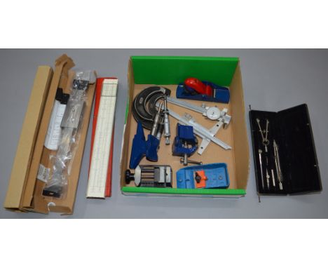 A  mixed lot of engineering tools and measuring devices including micrometres, a System Rietz ruler and miniature lathes etc.