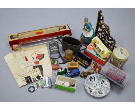 A mixed lot of collectables including 19th century ephemera, a Royal Doulton figure, various metalware and treen items etc.