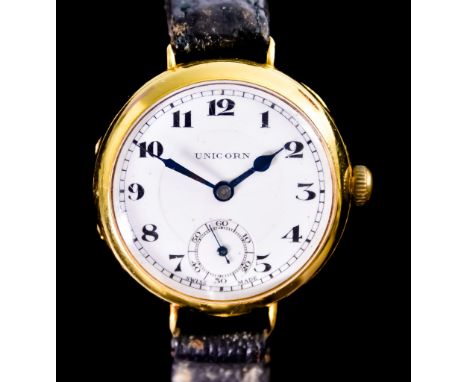 A Gentleman's Manual Wind Wristwatch, Early 20th Century,&nbsp;by Unicorn, 18ct gold case, 33mm diameter, white enamelled dia