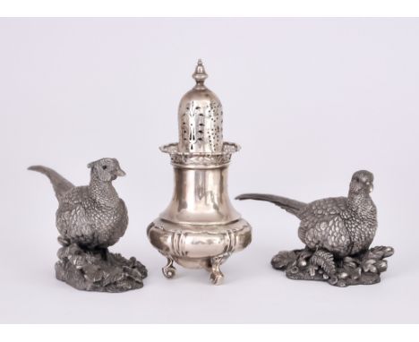 A Late Victorian Silver Sugar Caster, and a Pair of Silver Weighted Pheasants, the caster by Sibray, Hall & Co Ltd, London 19