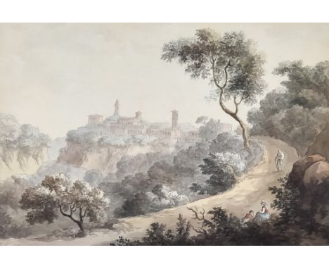 Johan Heinrich Muntz (1727-1798) - Pair of pen and wash drawings - Travellers in Italian countryside, with Tuscan town in dis