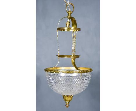 A 20th Century Polished Brass and Diamond Cut Glass Basket Pattern Electrolier, with open domed top, moulded metal mount and 