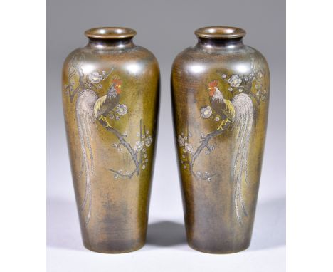 A Pair of Japanese Patinated Bronze and Mixed Metal Vases, Meiji Period,&nbsp;signed Mitsufune,&nbsp;of tapered form, each in
