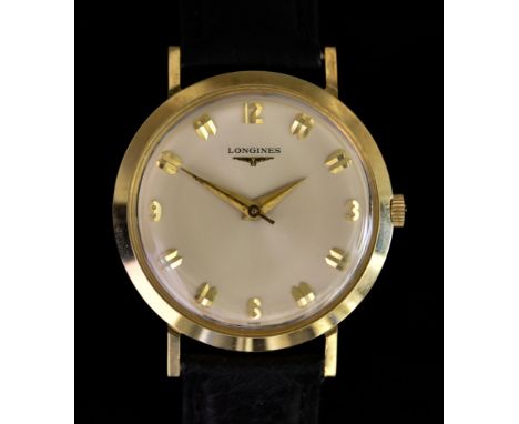 A Gentleman's Manual Wind Wristwatch by Longines, 10ct gold filled Monocoque case, 34mm diameter, silver dial with gold Arabi
