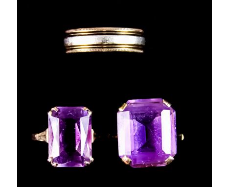 Three Rings, comprising - two 9ct gold rings, each set with a faceted amethyst, sizes O+ and L+, and a 9ct gold bi-coloured w
