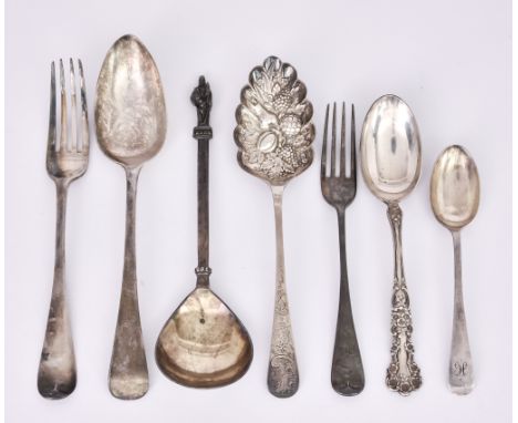 A George V Silver Apostle Spoon and Mixed Silver Flatware, the apostle spoon by Barker Brothers, Chester 1921, with fig shape