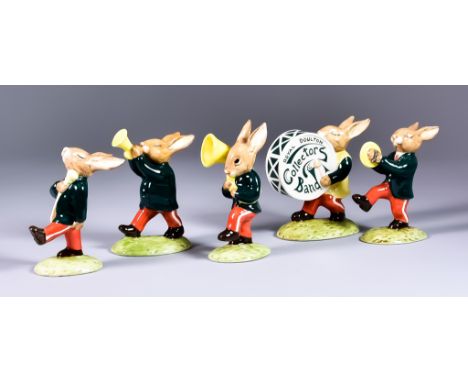 Five Royal Doulton Bone China Bunnykins Green Oompah Band, including - Trumpeter Bunnykins (DB106), 4ins high, Drummer Bunnyk