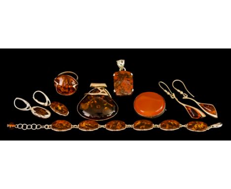 A Quantity of Amber Silver Jewellery, comprising - two pairs of earrings, for pierced ears, each with certificates, a triangu