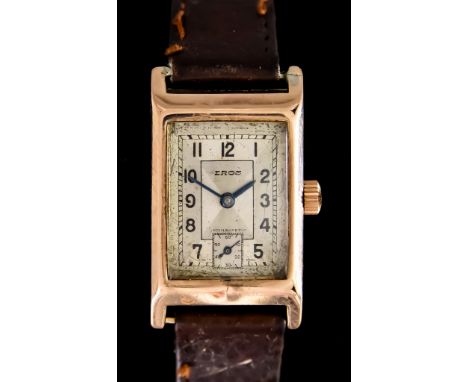 A Gentleman's Manual Wind Wristwatch, Early 20th Century, by Eros, 9ct gold case, 36mm x 23mm,&nbsp;silver dial with black Ar