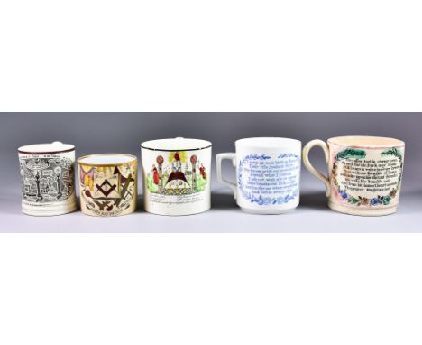 Five 18th/19th Century Masonic Mugs, comprising : - a creamware mug transfer printed  with Masonic scene and enamelled in col