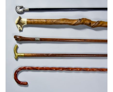 A Collection of Twenty-Eight Walking Sticks, some novelty, including - an ebonised walking stick with Continental silver hors