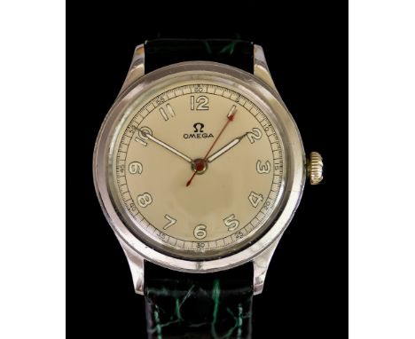 A Gentleman's Manual Wind Wristwatch&nbsp;by Omega, stainless steel case, 35mm diameter, silver radial dial with luminous Ara