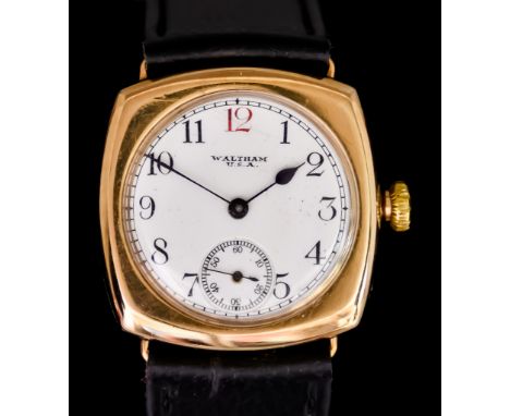 A Gentleman's 9ct Gold Manual Wind Wristwatch, by Waltham, white enamelled dial with black Arabic baton numerals and subsidia