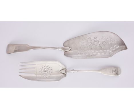A George III Irish Silver Fiddle Pattern Fish Slice and a Fish Fork, the slice by William Law, Dublin 1809, the fork by Thoma