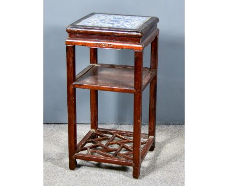 A Chinese Hardwood Square Three Tier Occasional Table, the top inset with blue and white porcelain panel with panelled under 