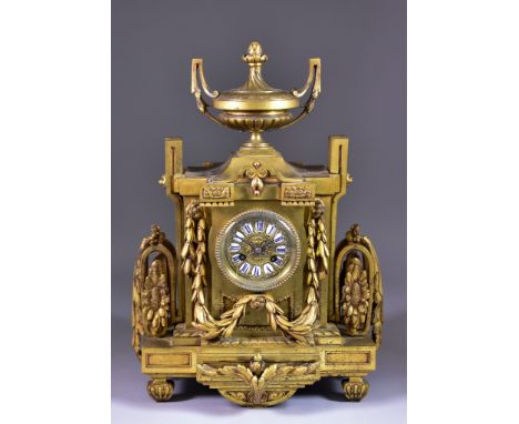 A 19th Century French Brass Mantel Clock, by H&amp;F of Paris, No. 2231, the 3ins diameter dial with raised blue and white Ro