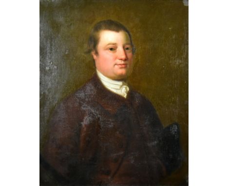 18th Century British School - Oil Painting - Half length portrait of a gentleman, wearing a white shirt and brown overcoat, u