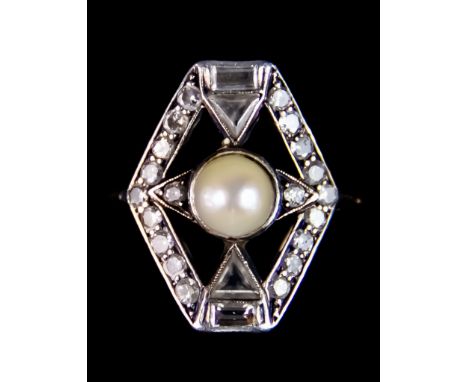 A 9ct Gold Pearl and Diamond Ring,&nbsp;in the art deco manner, set with a centre cultured pearl,&nbsp;11mm in diameter,&nbsp