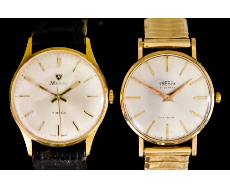 A Manual Wind Wristwatch, by Trebex, 9ct gold case, 32mm diameter, silver dial with silver baton numerals, on rolled gold exp