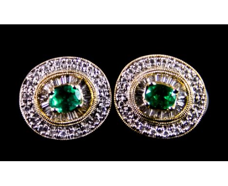 A Pair of 14ct Gold Emerald and Diamond Earrings, for pierced ears, set with faceted emerald stone, approximately .33ctg each