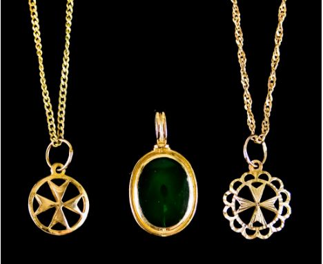 A Quantity of 9ct Gold Items, comprising - two Maltese cross pendants on fine chains, and a pendant set with a green stone, t
