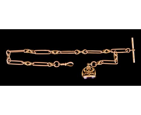 A 9ct Gold Enlongated Link Albert Chain, each link hallmarked, with suspended gilt metal charm, 360mm overall, total gross we