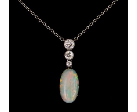 An Opal and Diamond Drop Pendant,&nbsp;the opal,&nbsp;18mm x 10mm, suspended from three old European cut diamonds, approximat