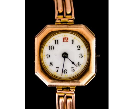 A Lady's Manual Wind Wristwatch, 9ct gold case, 26mm x 26mm,&nbsp;white enamelled dial with black Arabic baton numerals, on c