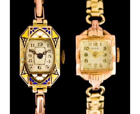 Two Lady's Manual Wind Wristwatches, comprising - one with 9ct gold case, 18mm x 21mm, inlaid with enamel, silver dial with b