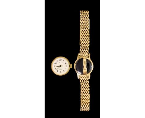 A Lady's Manual Wind Wristwatch, by Precista, 9ct gold case,19mm diameter, silver dial with black Arabic baton numerals, on i