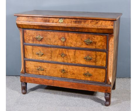 A 19th Century Continental Mahogany Commode, fitted one frieze drawer with raised front, and inlaid with trailing leaves, thr