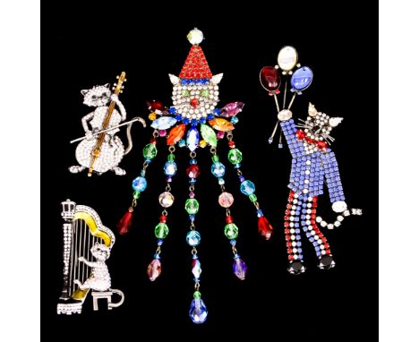 Four Vintage Butler &amp; Wilson Cat Brooches, comprising - a cat clown brooch,160mm x 50mm, a cat with balloons, 130mm x 50m