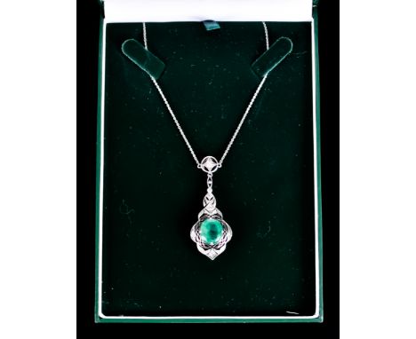 A Platinum Art Deco Emerald and Diamond Pendant, set with a centre faceted emerald stone, approximately 4.7ct, in filigree mo
