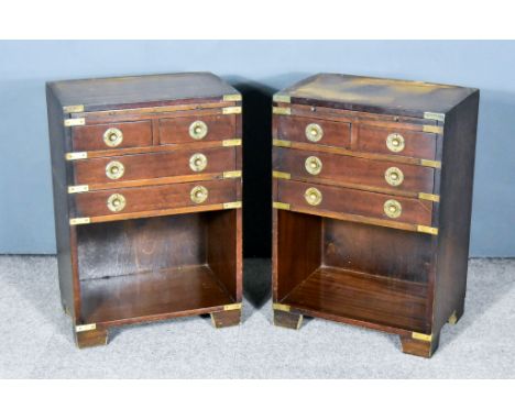 A Pair of Mahogany and Brass Bound Military Style Bedside Chests, each fitted green leather lined slide, two short and two lo