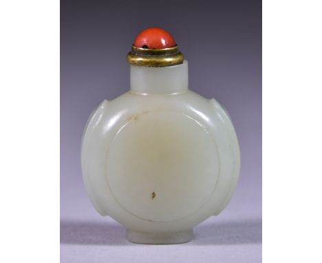 A Chinese Pale Green Jade Snuff Bottle, of circular panelled form, 2ins (5.1cm) overall and stopper for same General light sc