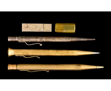 A 9ct Gold Propelling Pencil, 4 1/2ins in length, gross weight 17.3g,&nbsp;and two other pencils, (one plated, one silver)