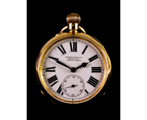 An 18ct Gold Keyless Open Faced Fob Watch, by Hamilton &amp; Co. Calcutta, 18ct gold case, 36mm diameter, (base metal dust co