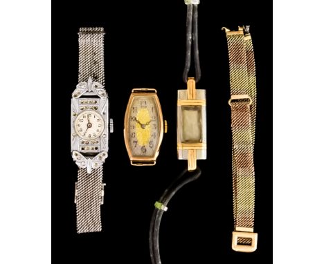 A Lady's Manual Wind Wristwatch, 9ct gold case, 30mm x 15mm, silver and gold coloured dial with black Arabic baton numerals o
