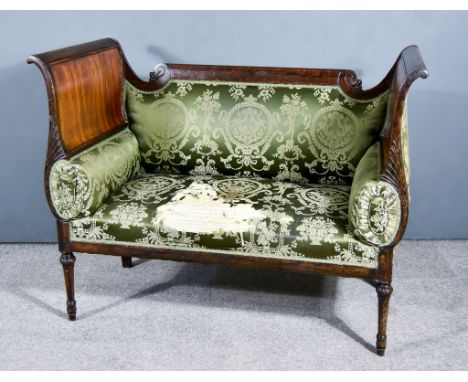 A 19th Century Simulated Rosewood High Scroll End Settee, with plain crest rail, panelled scroll ends with fluted carved fron