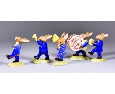 Five Royal Doulton Bone China Bunnykins Blue Oompah Band, including - Drum-Major Bunnykins (DB90), 3.5ins high, Cymbal Bunnyk