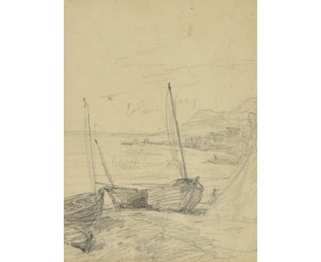 Eugene Boudin (1824-1898) – Pencil drawing – Sketch of fishing boats pulled up onto sand with two annotations in centre, sign