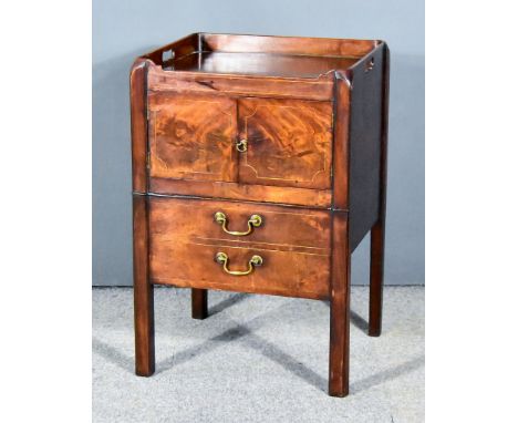 A George III Mahogany Tray Top Night Commode, with handle cut-outs to tray top, the front inlaid with stringings, enclosed by