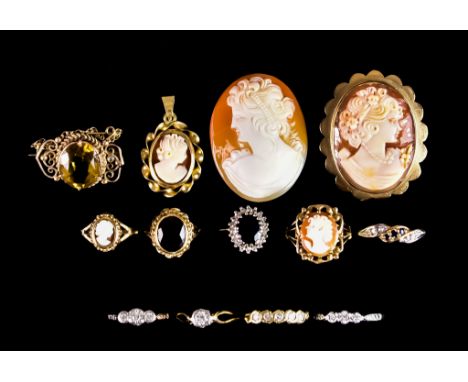 A Quantity of 9ct Gold Jewellery, comprising - four diamond set rings, sizes N,K,M,M, two gem set rings, sizes M+, M, two cam