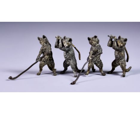 Four Cold Painted Bronze Figures of Cats Playing Golf, in the manner of Franz Bergman (1861-1936), 2.5ins high, unmarked