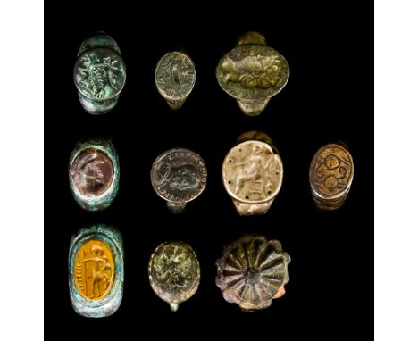 Ten Ancient Bronze and Silver Rings, some set with hardstone intaglios, variousOne has a repair to the shank. Four show some 