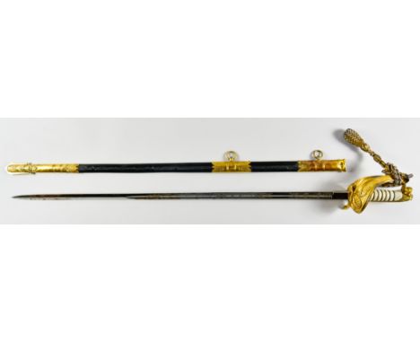 An Elizabeth II Naval Officer's Dress Sword by Gieves, 31ins bright steel blade etched to one side with crown over anchor, an