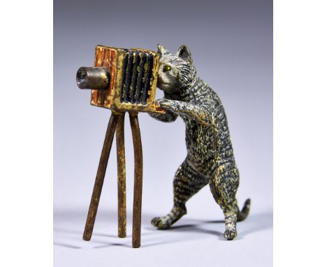 Cold Painted Bronze Figure of a Cat with Tripod Concertina Camera, in the style of Franz Bergman (1861-1936), 2.5ins high, un