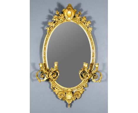 A 19th&nbsp;Century Gilt Oval Girandole, with oval cartouche and leaf cresting, two leaf scroll branches terminating in twin 